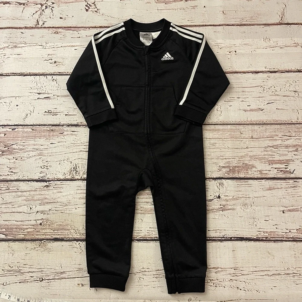 Adidas‎ Black White Long Sleeve 3 Stripe Tricot Coverall Size 12 Months